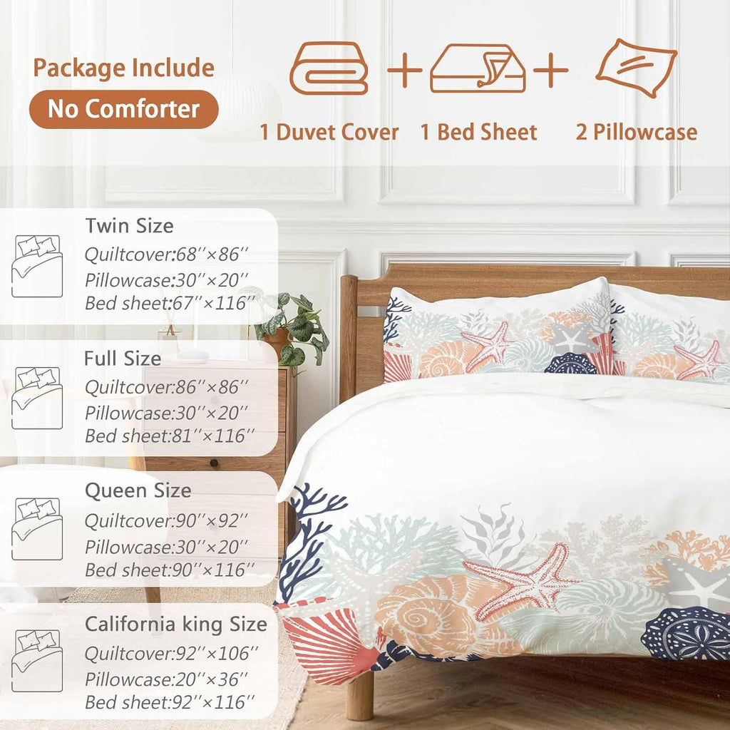 Summer Marine Life Duvet Cover Set Queen Size 4 Pieces Ocean Gray Coral Coastal Starfish Conch Bedding Set with Zipper Closure, 1 Comforter Cover 92x106 Inches 1 Flat Sheet & 2 Pillow Cases