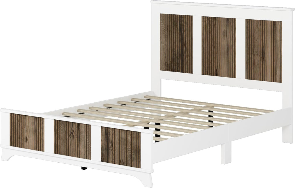 4-Pieces Bedroom Sets, Queen Size Farmhouse Platform Bed with Wooden Strip Decoration Headboard, Storage Nightstand and Dresser with Metal Handle for Bedroom Furniture (White, Queen)