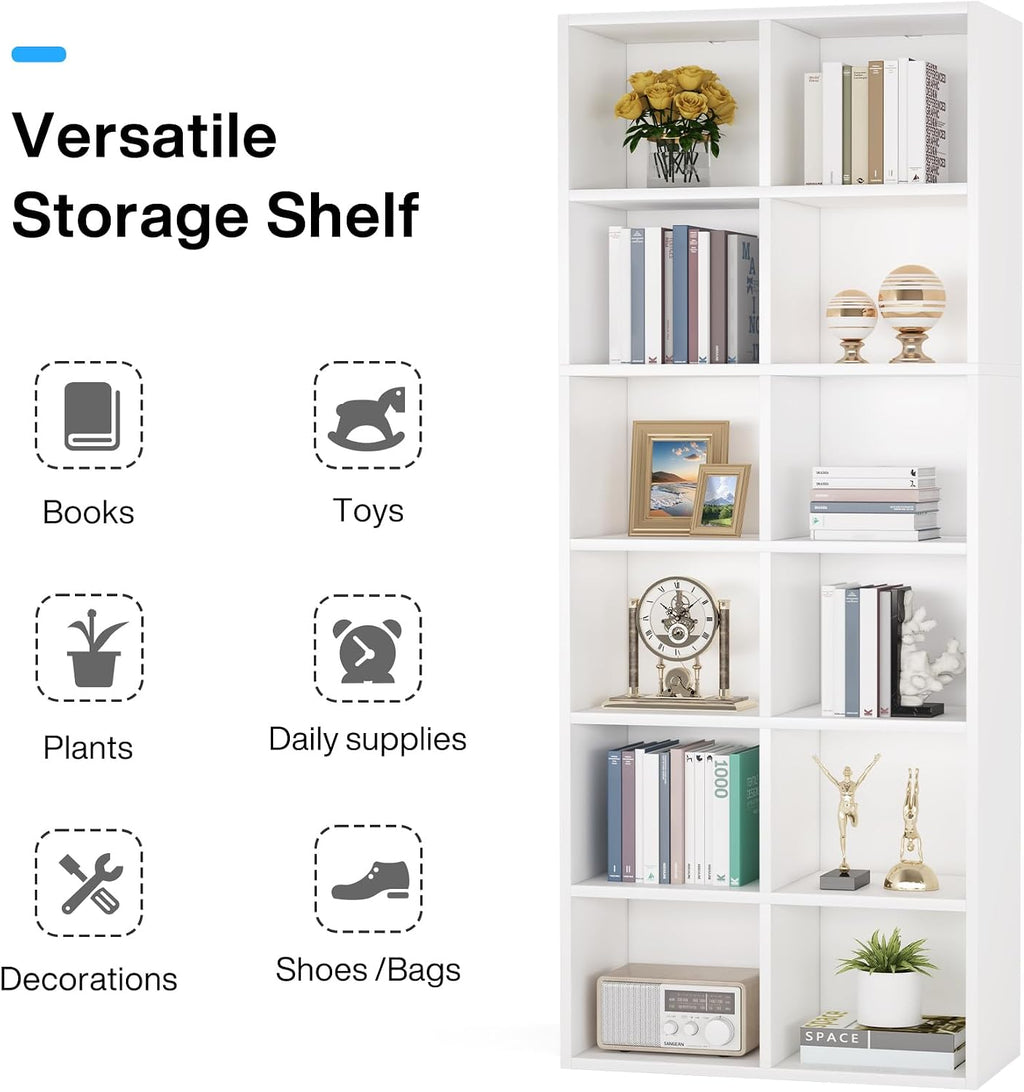 Tribesigns 71.65 Inch Tall Narrow Bookcase Bookshelf, White Modern Bookcase with 12 Cube Storage for Home Office, Vertical or Horizontal