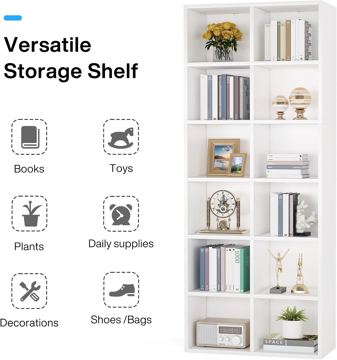 Tribesigns 71.65 Inch Tall Narrow Bookcase Bookshelf, White Modern Bookcase with 12 Cube Storage for Home Office, Vertical or Horizontal