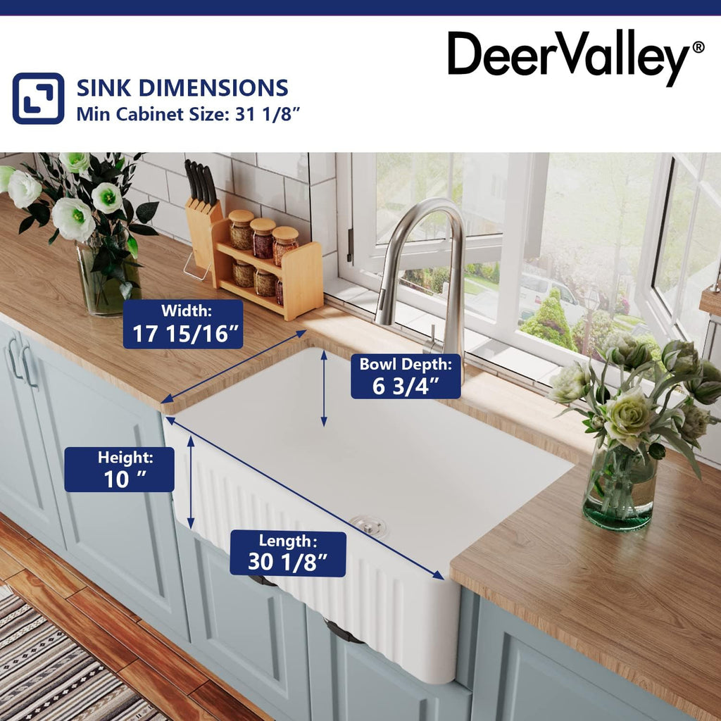 DeerValley Farmhouse Sink 30'x18' 10 inch Deep White Kitchen Sinks Fireclay Single Bowl Apron Front Lavabos de Cocina with Accessories