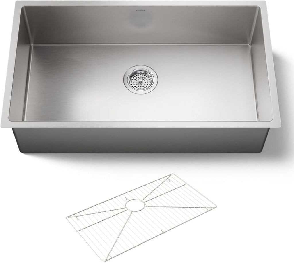 KOHLER Strive® 32' Undermount Kitchen Sink, Single Bowl Kitchen Sinks with Basin Rack, Stainless Steel, K-5285-NA