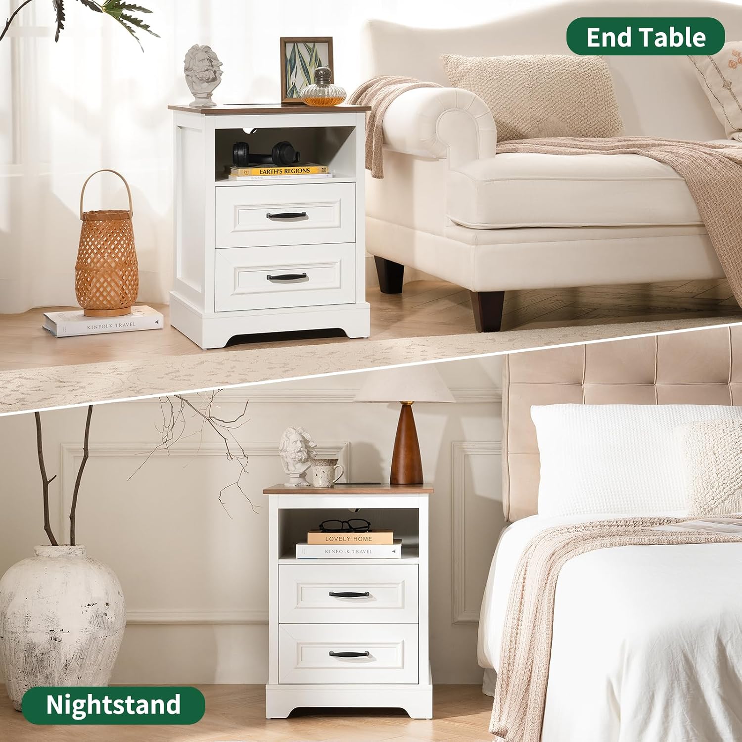 Farmhouse Nightstand with Charging Station- Wood Night Stand Set 2, 2 Drawer Nightstands Set of 2, Bedside Table with Storage, Rustic Night Stands for Bedroom, Closet, 18' Wide, 24' Tall