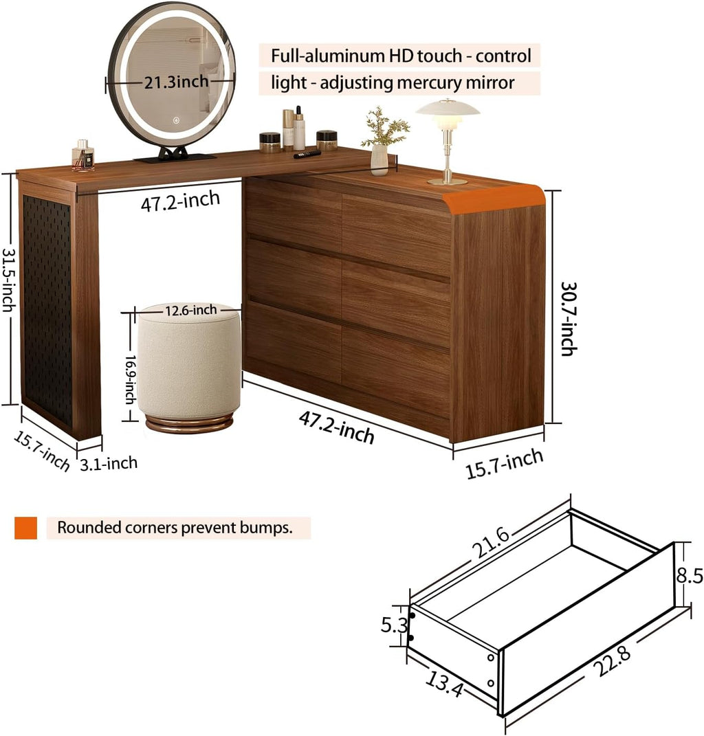 Makeup Vanity Desk with Touch Screen Mirror, 50-90 in Adjustable Sturdy Vanity Table Set with Chair, Bedroom Elegant Dressing Table for Women with 6 Drawer Rounded Corners Storage Cabinet, Brown