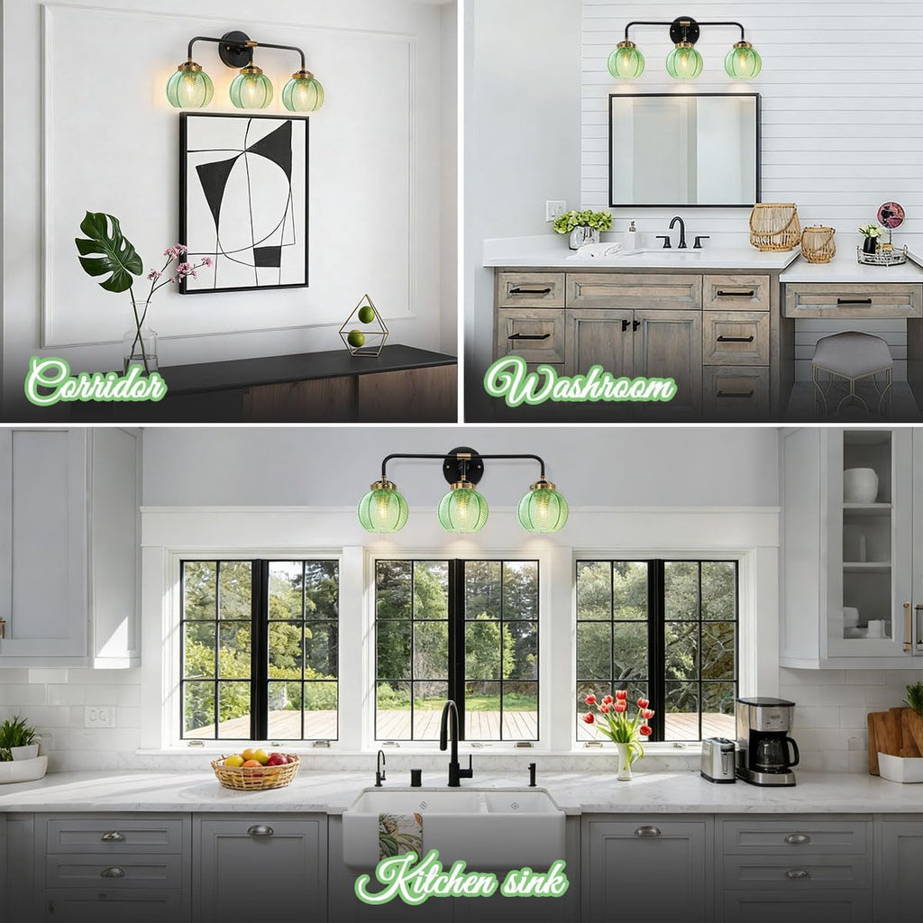 Bathroom Light Fixtures Vanity Wall 3-Light Coastal Vanity Lights Emerald Green Vintage Wall Lamp with Glass Globe Shade Modern Glass Wall Vanity Lighting for Mirror Kitchen Cabinet