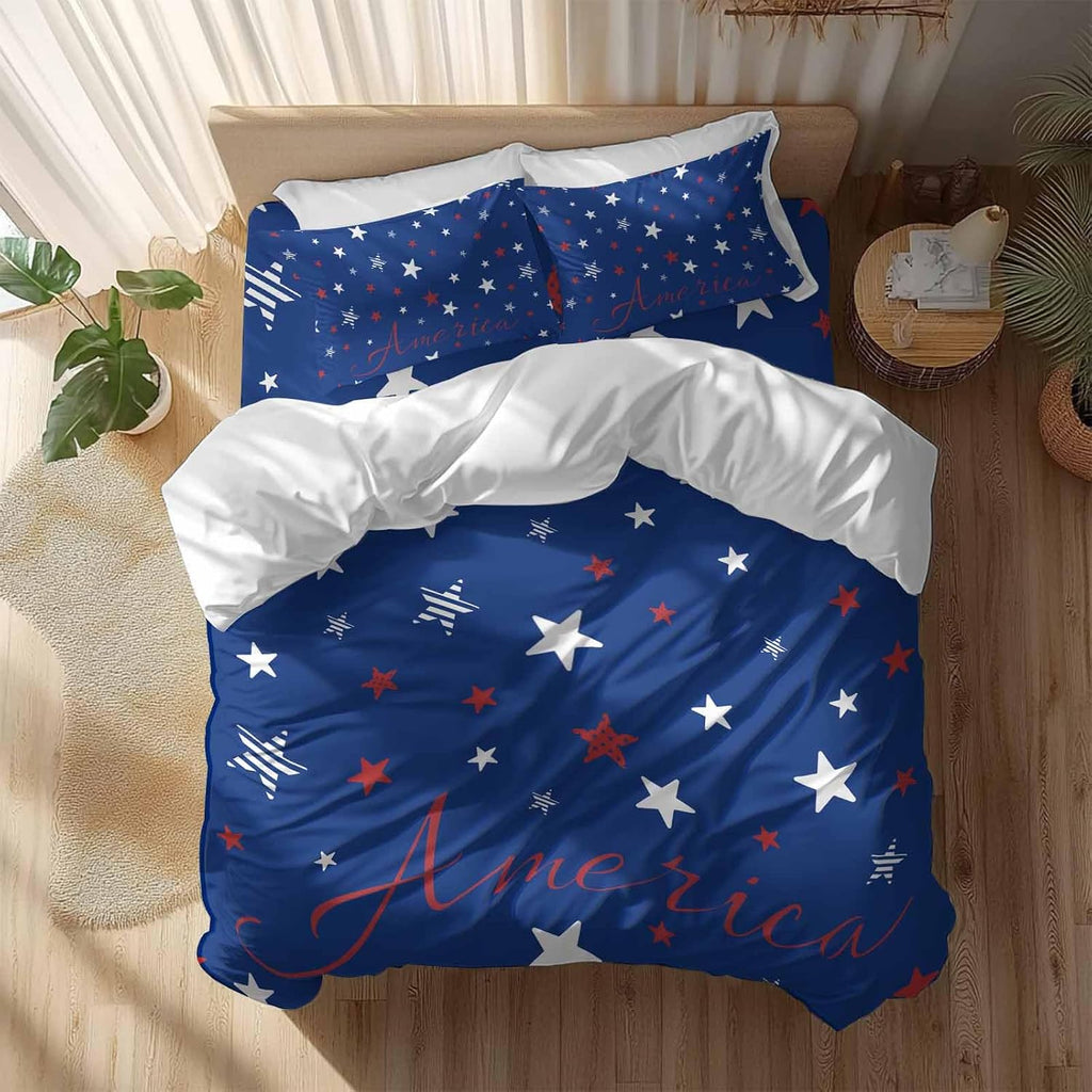 Independence Day Duvet Cover Set Queen Size 4 Pieces Blue White Pentagram America Blue Background Bedding Set with Zipper Closure, 1 Comforter Cover 92x106 Inches 1 Flat Sheet & 2 Pillow Cases