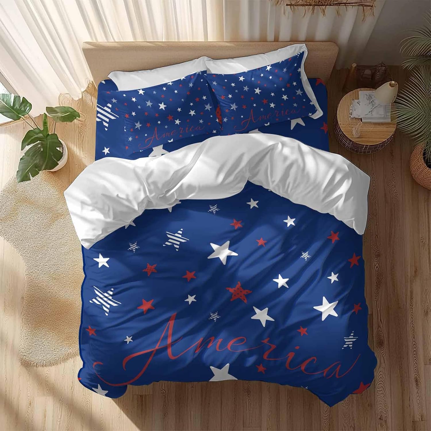 Independence Day Duvet Cover Set Queen Size 4 Pieces Blue White Pentagram America Blue Background Bedding Set with Zipper Closure, 1 Comforter Cover 92x106 Inches 1 Flat Sheet & 2 Pillow Cases