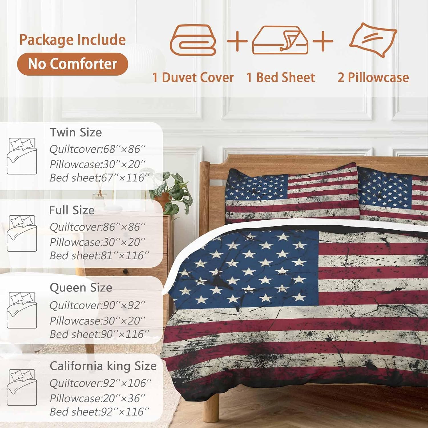 Prime Leader Independence Day Duvet Cover Set Queen Size 4 Pieces Mottled U. S. Flag Shabby Chic Vintage Bedding Set with Zipper Closure, 1 Comforter Cover 92x106 Inches 1 Flat Sheet & 2 Pillow Cases