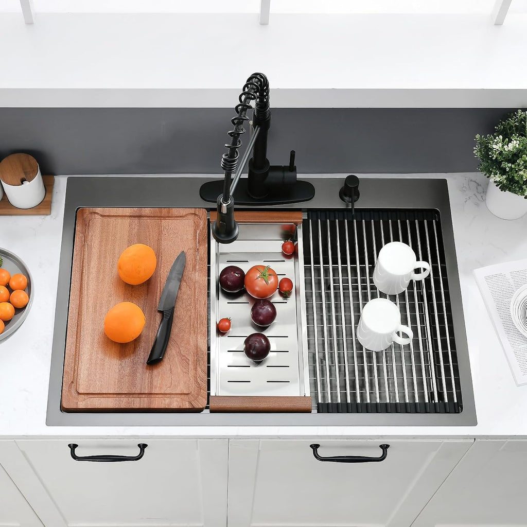 33 x 22 Drop In Kitchen Sink Black Workstation - 16 Gauge Stainless Steel Sinks Handmade 10 Inch Deep Single Bowl Kitchen Sink Top Mount Easy to Clean