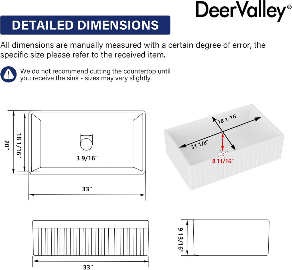 DeerValley 33' L x 20' W Farmhouse Workstation Kitchen Sink, Reversible Fireclay Deep Single Bowl Apron Front Kitchen Sink, White Undermount Farm Sink with Ledge and Accessories