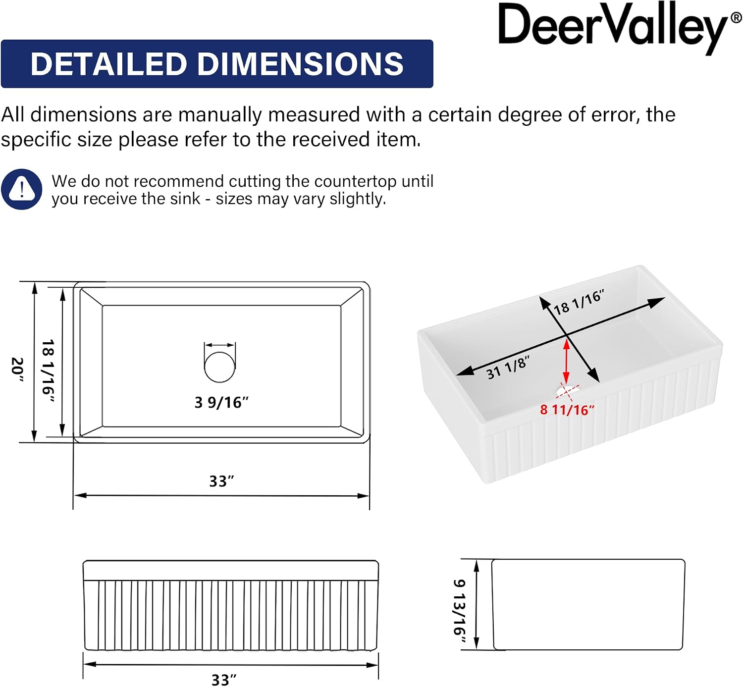 DeerValley 33' L x 20' W Farmhouse Workstation Kitchen Sink, Reversible Fireclay Deep Single Bowl Apron Front Kitchen Sink, White Undermount Farm Sink with Ledge and Accessories