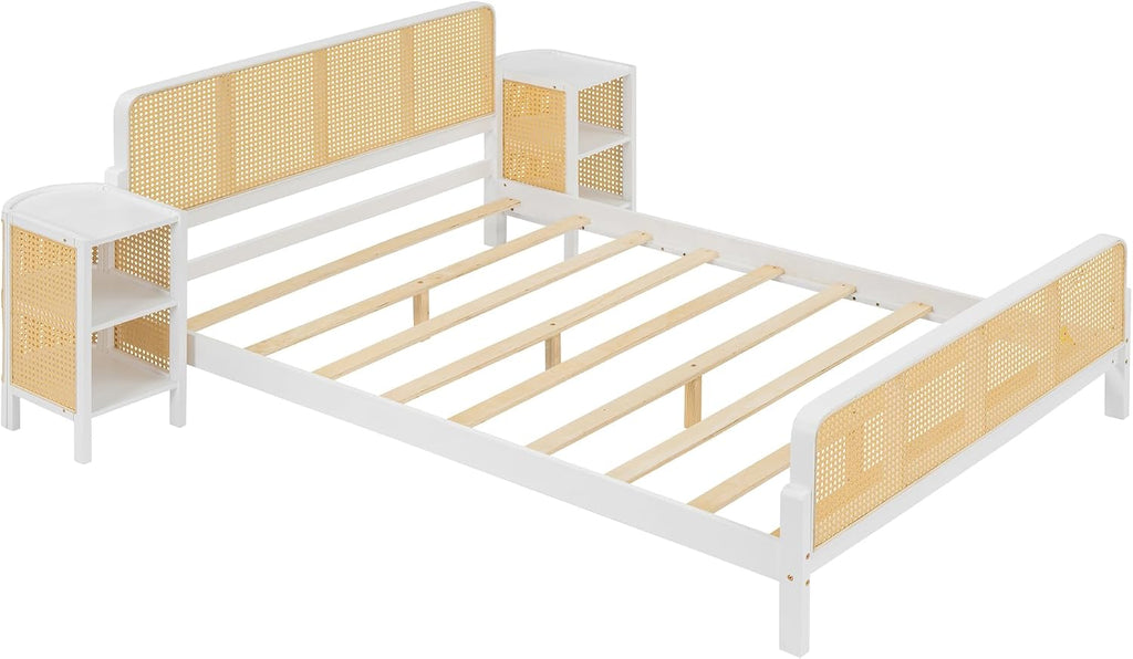 3-Pieces Bedroom Furniture Sets,Full Size Rattan Platform Bed with 2 Nightstands, Perfect for Teens Adults (White/Rattan, Full)