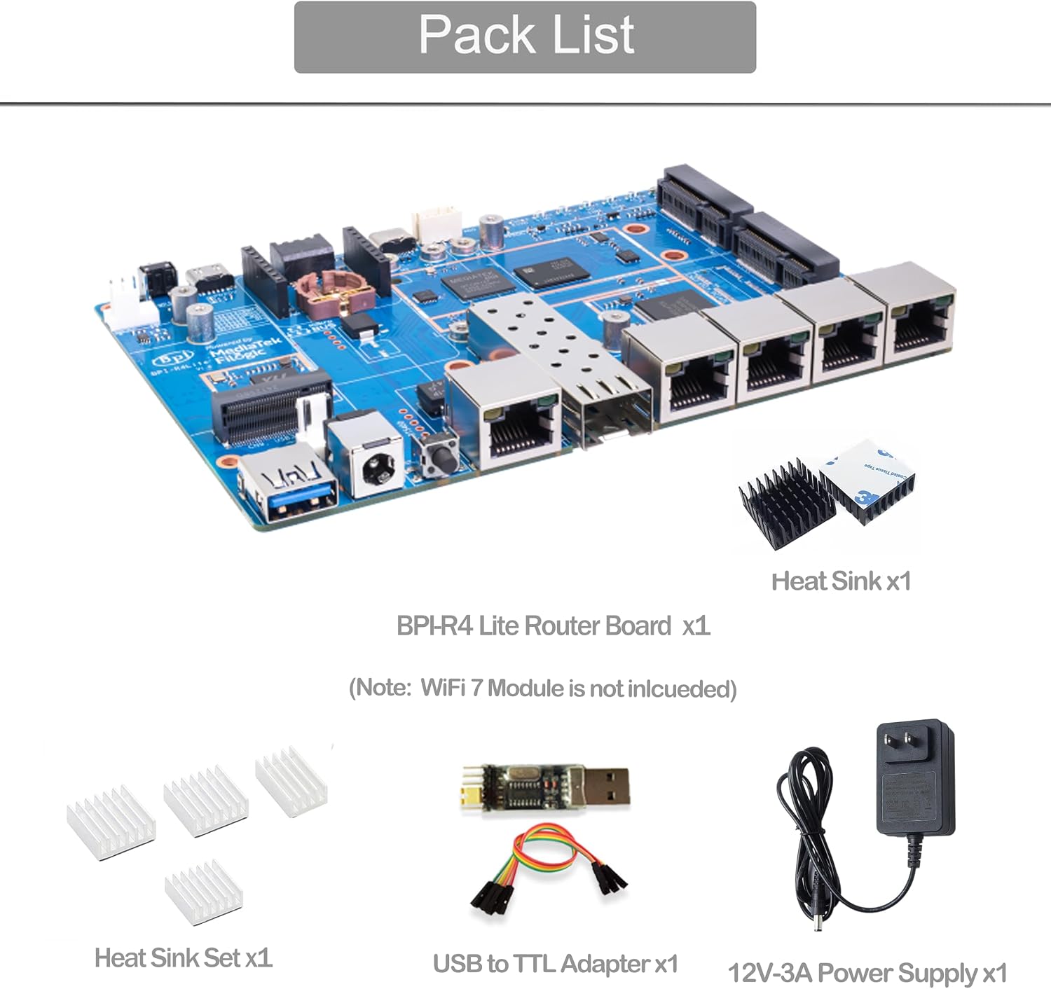 Banana Pi BPI-R4 Lite WiFi 7 Router Dev Board Kit OpenWRT - MediaTek MT7987A SoC - 2GB DDR4 RAM 8GB eMMC, 1x 2.5G SFP RJ45 WAN, 4X GbE Gigabit Ethernet for NAS Smart Home Gateway (2GB, Bundle1)