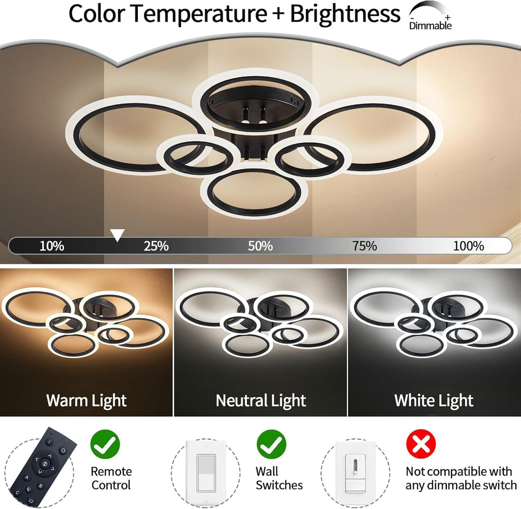 Shine LUEST 6 Rings Black Modern LED Ceiling Light Fixture, Flush Mount Ceiling Light with Remote Dimmable Brightness, Adjustable 3000-6000K Color Temperature, Timer for Living Room, Bedroom