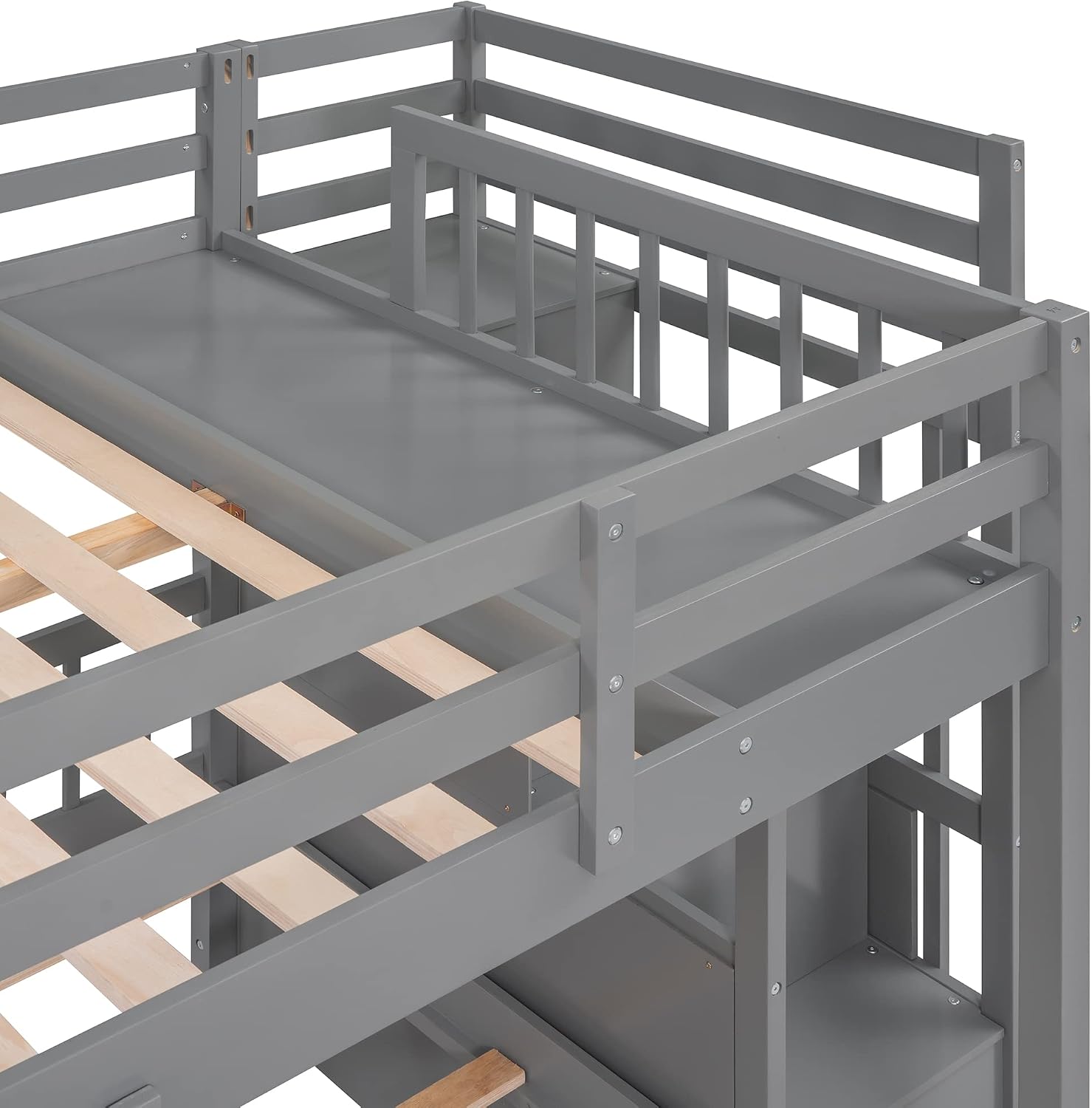 VilroCaz Upgraded Version Full Over Twin & Twin Bunk Bed, Solid Wood Triple Bunk Bed with Storage Drawers and Staircase, Strong Sturdy Bunk Bed Frame with Guardrails for Kids Teens Aldults (Gray-U)