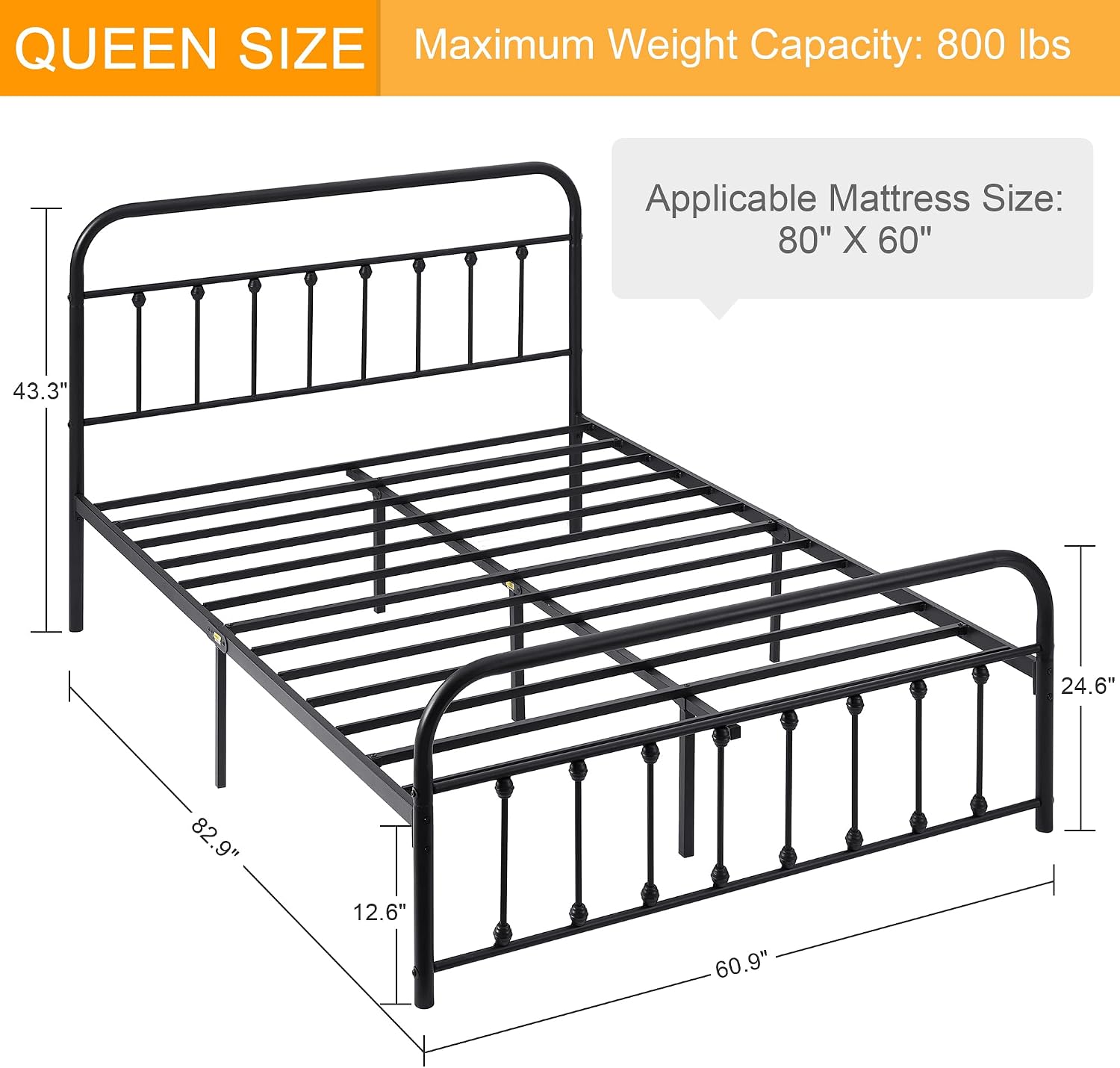 VECELO Queen Size Victorian Style Metal Bed Frame with Headboard Classic Metal Platform Bed Frame Mattress Foundation with Footboard/Under Bed Storage/No Box Spring Black