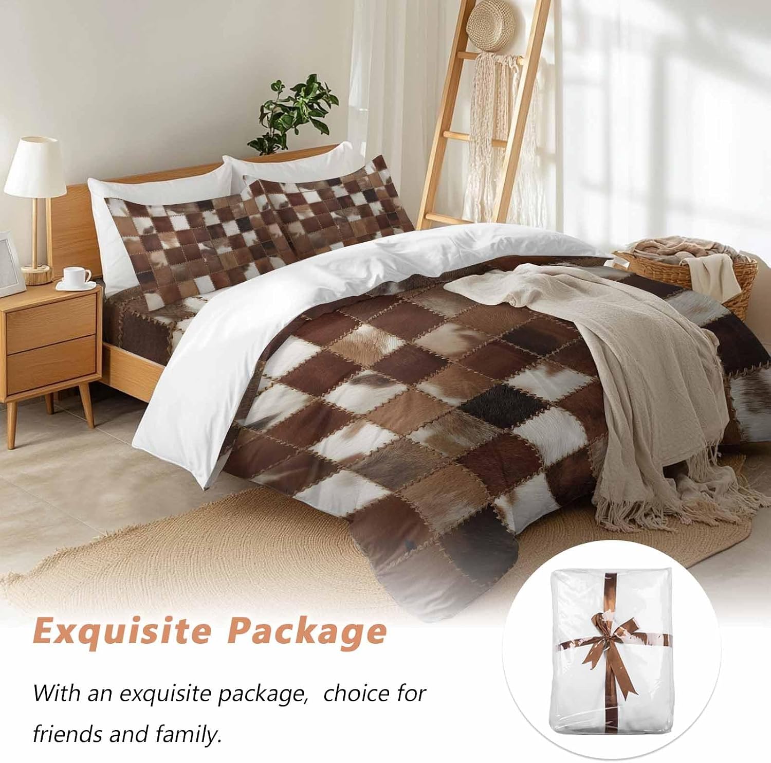 Abstract Plaid Duvet Cover Set Queen Size 4 Pieces Dark Brown Checkerboard Stitching Texture Patchwork Bedding Set with Zipper Closure, 1 Comforter Cover 90x92 Inches 1 Flat Sheet & 2 Pillow Cases