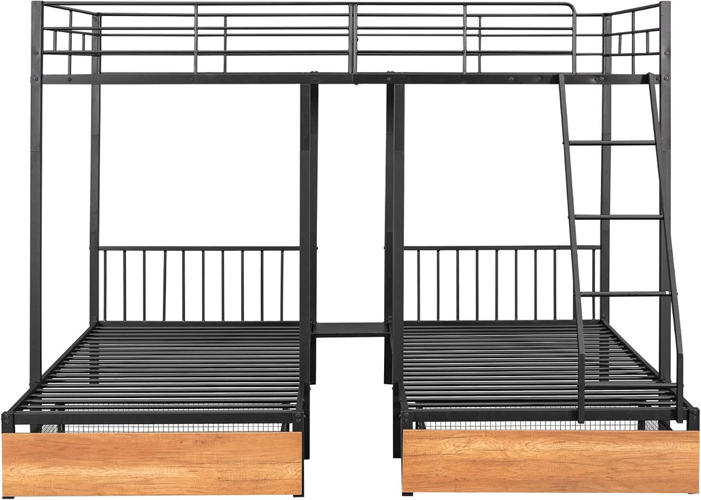 Full Over Twin & Twin Bunk Bed, Heavy Duty Metal Triple Bunk Bed with Drawers and Guardrails, Can be Divided into 3 Separate Beds, Triple Bunk Bed Frame for Kids Teens Aldults (Black + Metal)