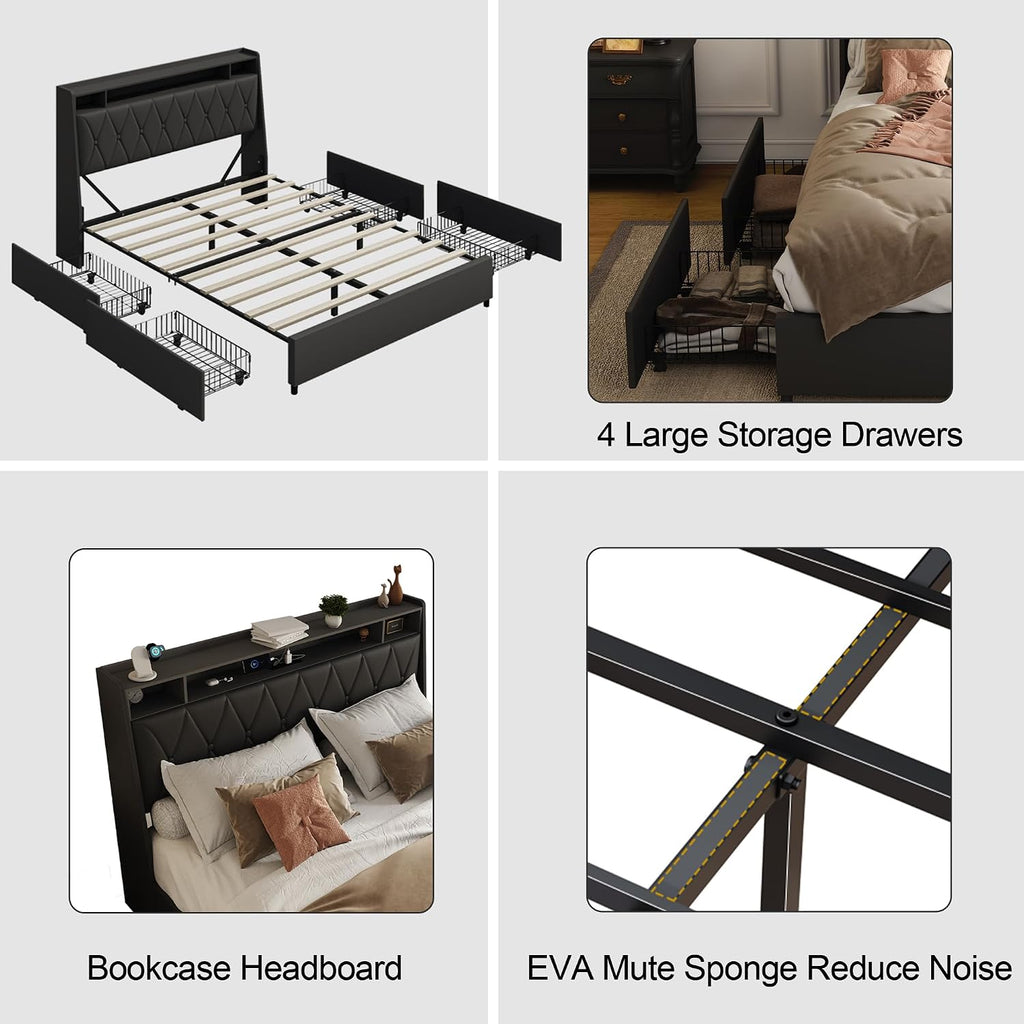 Black Full Bed Frame with Headboard, Metal Platform Bed Full Size with 2-Tier Bookshelf Storage, and 4 Storage Drawers & Charging Station Type C, No Box Spring Needed (Black+LED, Full)