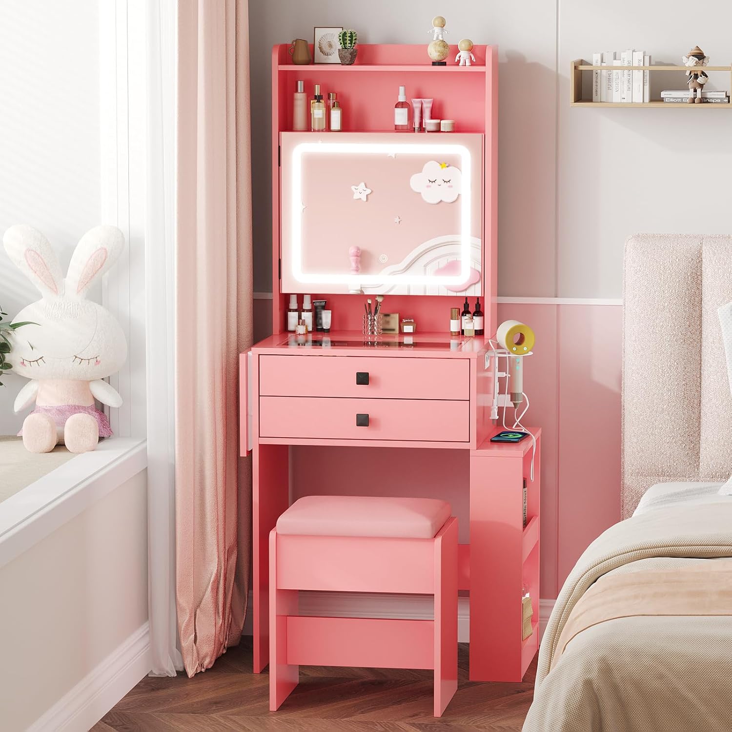 Vabches Small Makeup Vanity Desk, 3 Adjustable Lighted Mirror, White Vanity Set, Fold-up Panel, Charging Station, Glass Top, Drawers, Chair, 2 Hidden Storage Shelves (Pink)