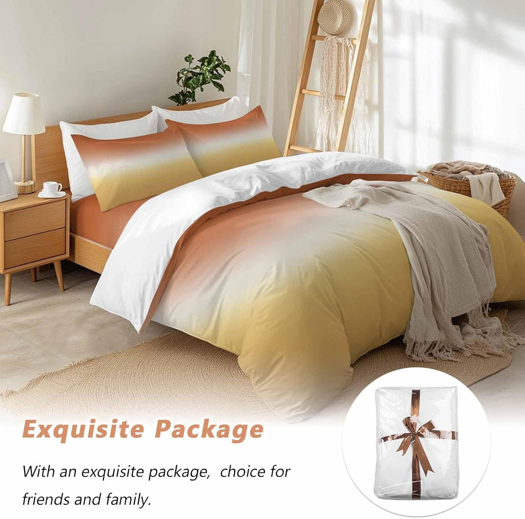 Gradient Orange Duvet Cover Set Queen Size 4 Pieces Modern Minimalist Yellow Orange Ocean Beach Bedding Set with Zipper Closure, 1 Comforter Cover 92x106 Inches 1 Flat Sheet & 2 Pillow Cases