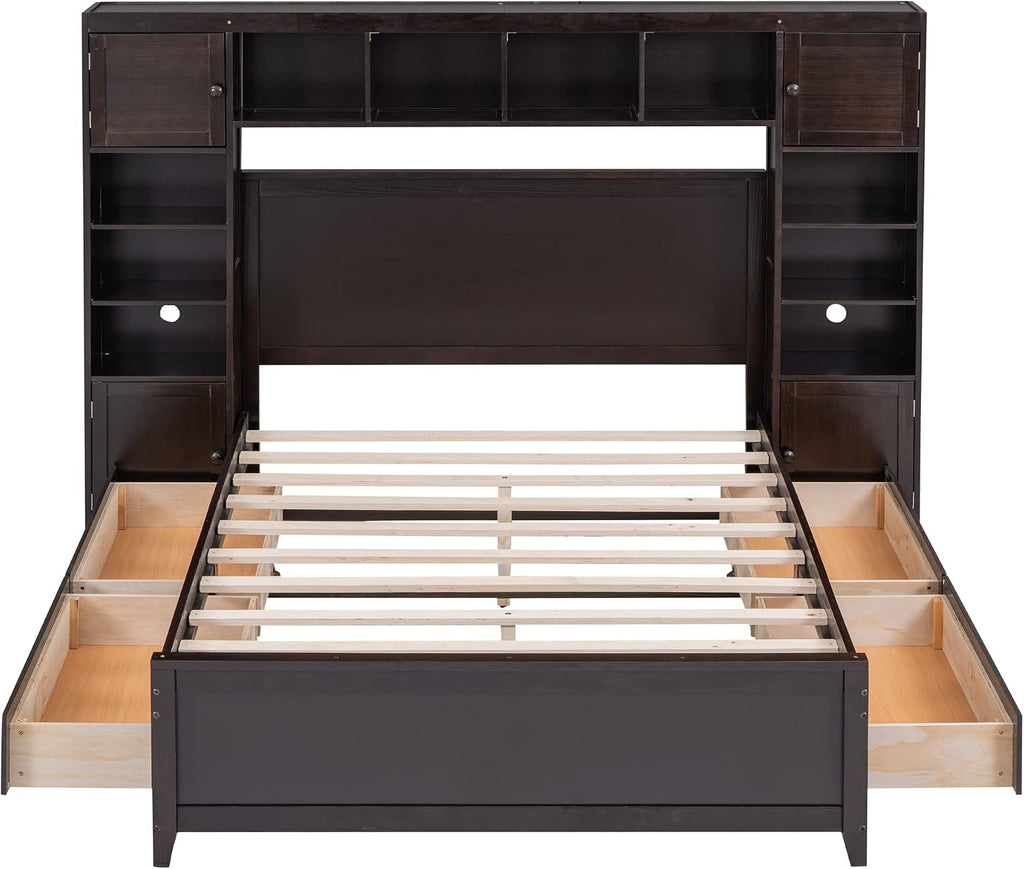 Merax Full Size Wooden Bed with All-in-One Cabinet and Shelf, White Modern Platform Bed Frame with 4 Storage Drawers for Bedroom and Apartment