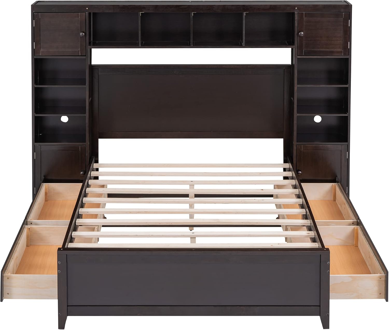Merax Full Size Wooden Bed with All-in-One Cabinet and Shelf, White Modern Platform Bed Frame with 4 Storage Drawers for Bedroom and Apartment