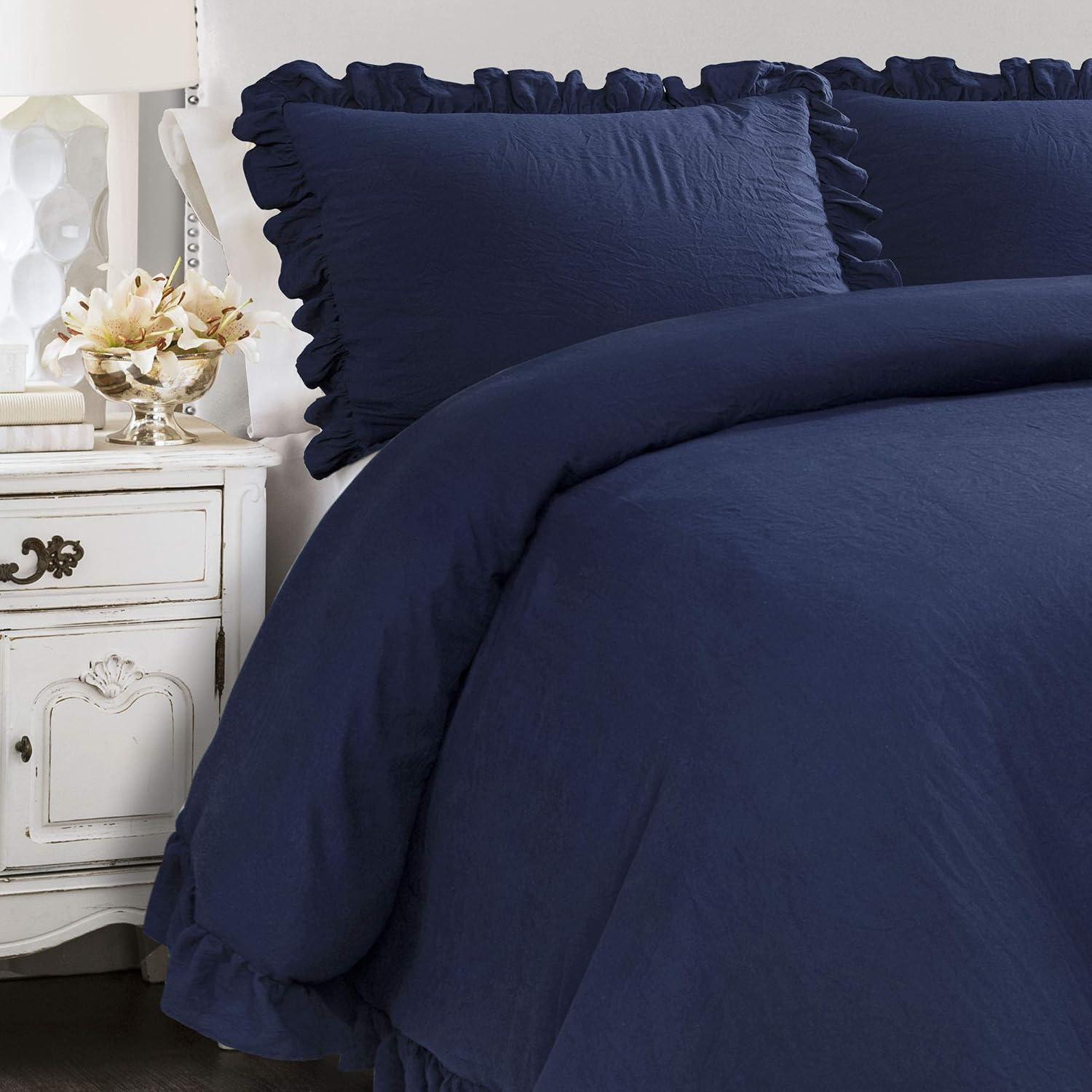 Lush Decor Reyna Ruffle Comforter Set, King, Navy, 3 Piece Cozy Bedding Set