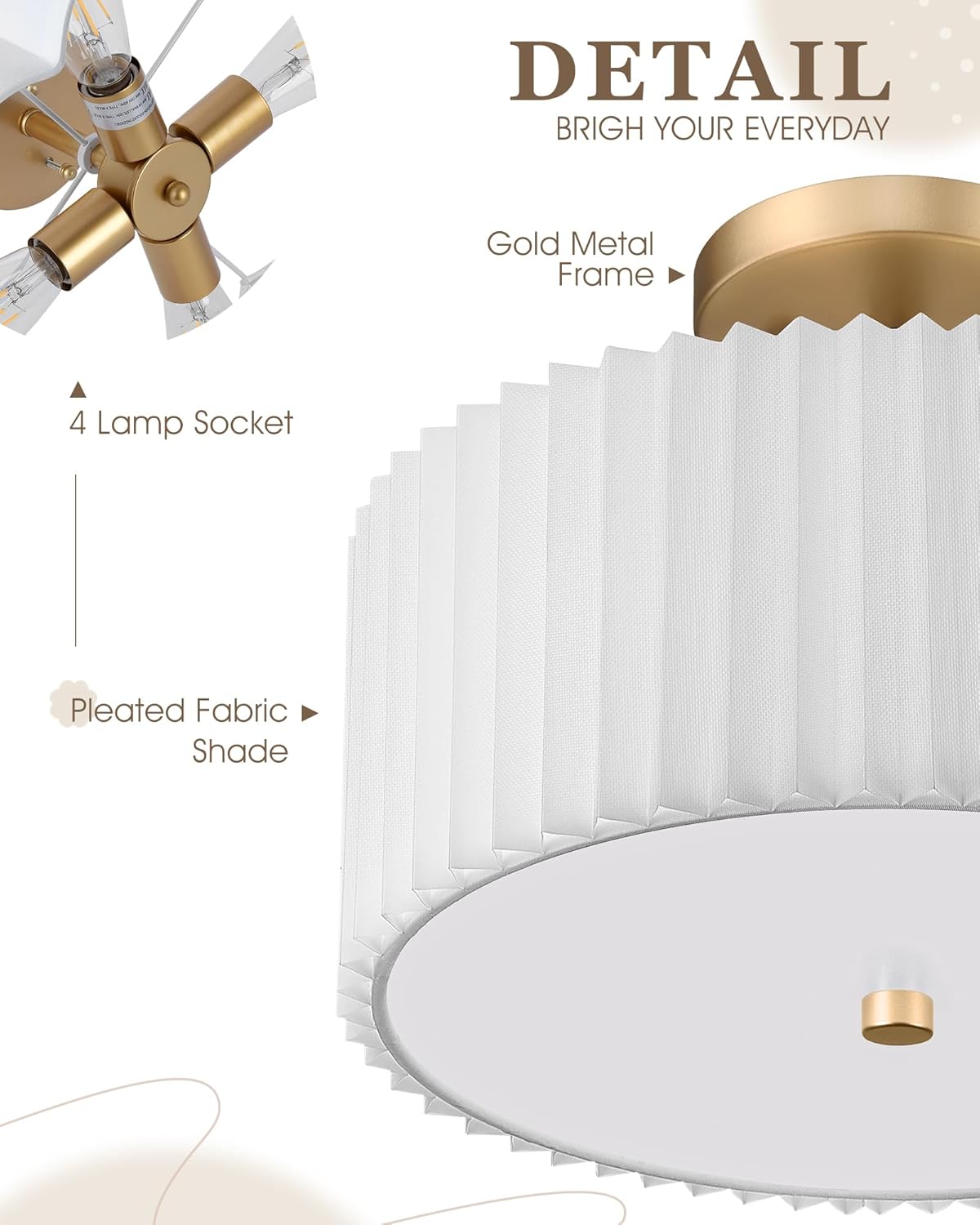 Gold Semi Flush Mount Ceiling Lights, 4-Light 18' Ceiling Light Fixture with White Pleated Fabric Shade, Drum Lamp for Nursery Hallway Bedroom Kitchen, AD-25036-4SF-GD