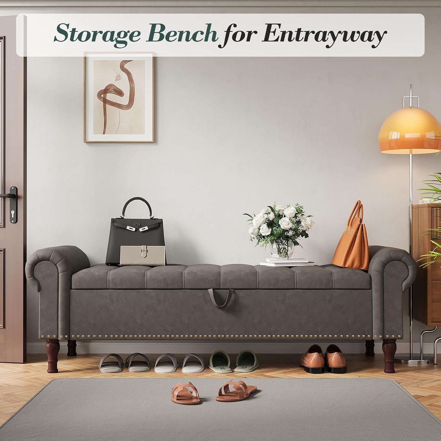 Apicizon 60' Bench with Storage, Upholstered Tufted Button Bedroom Bench with Storage, Faux Leather End of Bed Bench with Rolled Arms, Storage Ottoman Bench for Bedroom, Living Room, Entryway, Gray