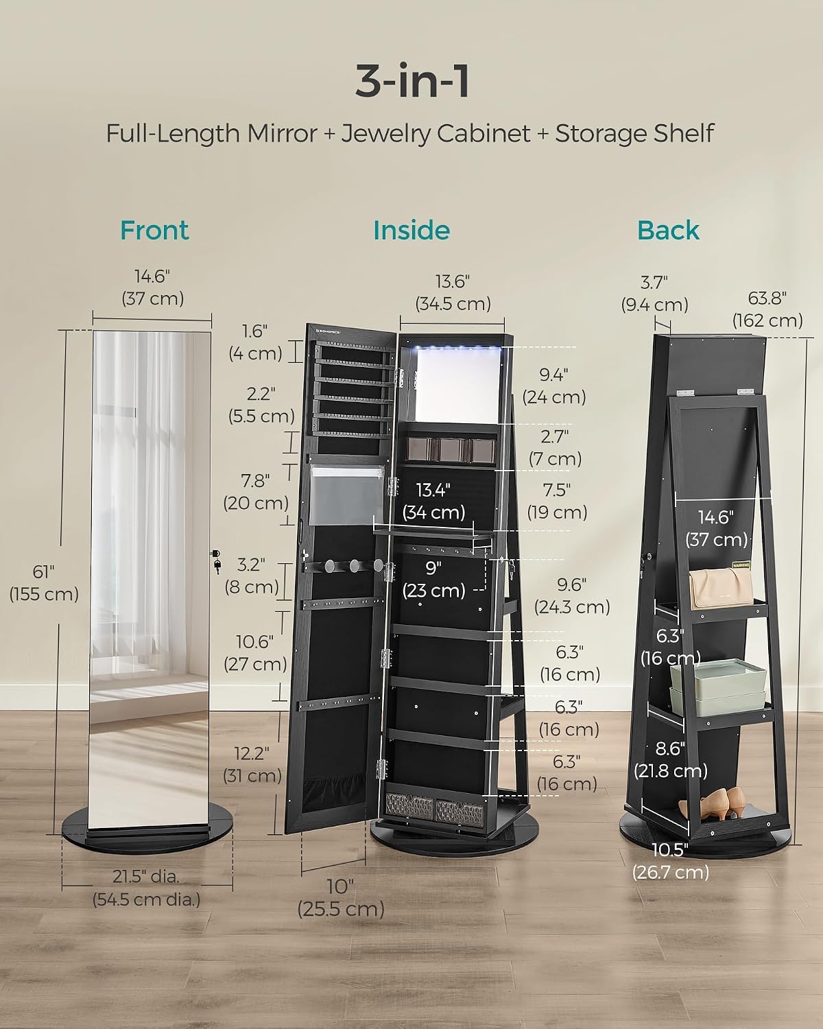 SONGMICS 6 LEDs Lockable Mirror Jewelry Cabinet, 360° Swivel Jewelry Organizer Armoire Standing, Frameless Full-Length Mirror, 3 Storage Shelves, Black Surface, Black Lining UJJC007B01