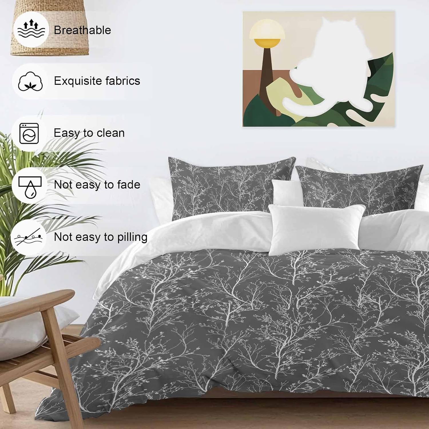 Dark Grey Duvet Cover Set Queen Size 4 Pieces White Tree Branch Botanical Abstract Plant Leaves Bedding Set with Zipper Closure, 1 Comforter Cover 92x106 Inches 1 Flat Sheet & 2 Pillow Cases