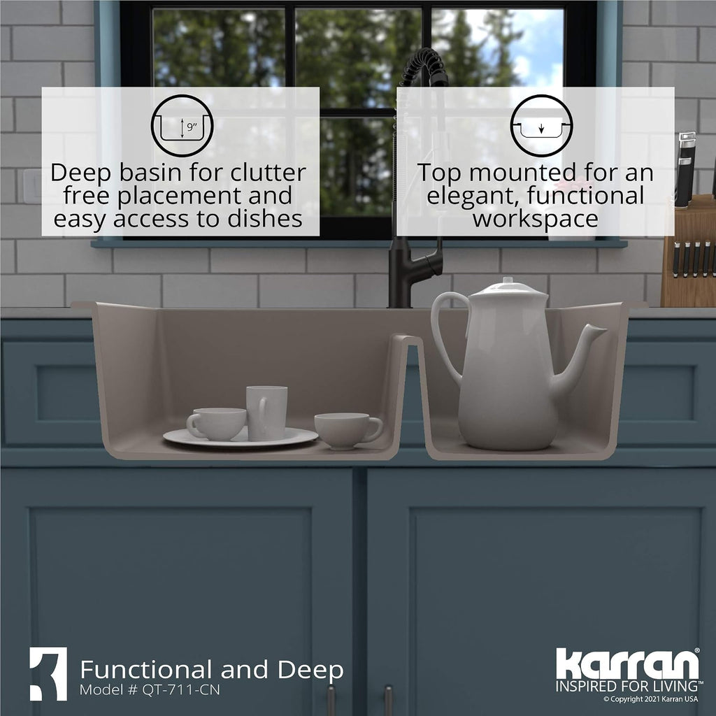 Karran QT-711 Drop-In Quartz Composite 33 in. 1-Hole 60/40 Double Bowl Kitchen Sink in Concrete
