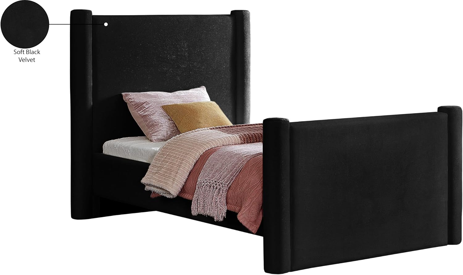 Meridian Furniture B1298Black-T Elias Collection Modern | Contemporary Twin Bed with Soft Black Velvet, Solid Wood Inner Frame, 52' W x 83.5' D x 52' H, Black, Twin