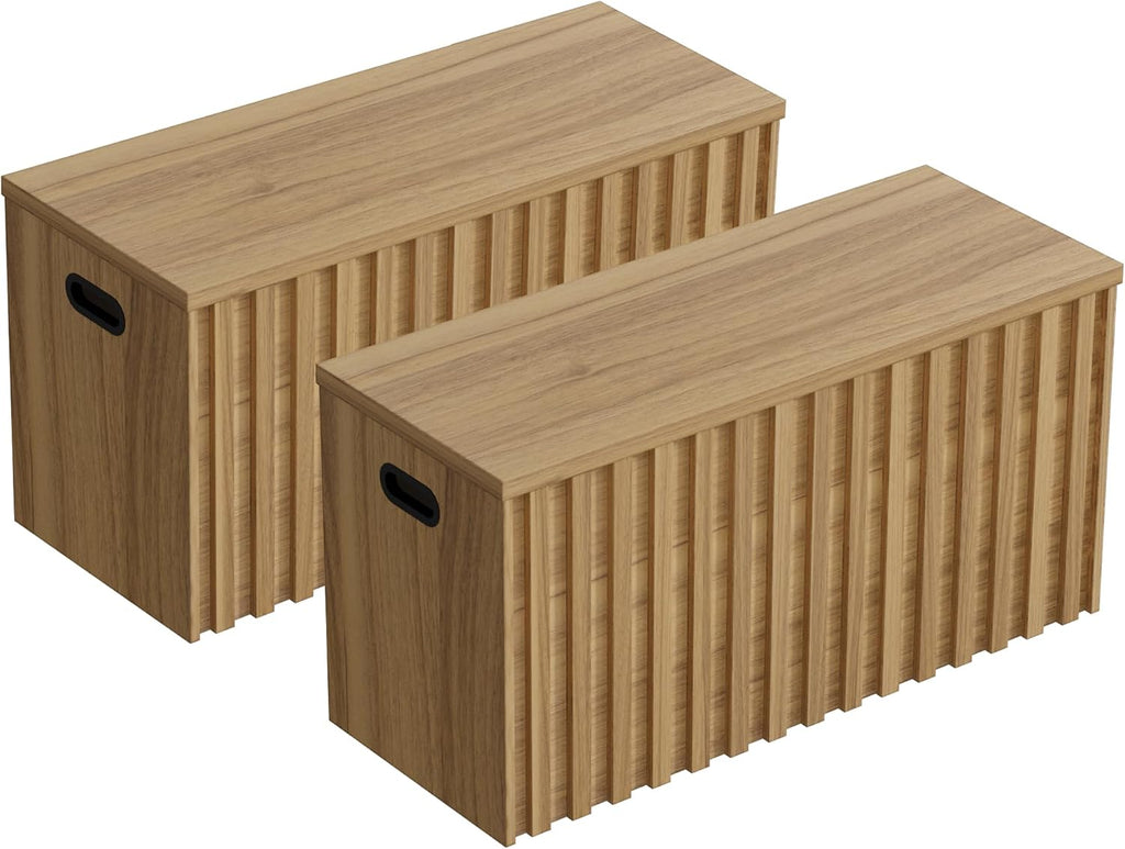 UEV Storage Bench Set of 2, 39.4' Wood Box, Storage Trunk with 2 Safety Hinges, Ottoman Storage Chest Set of 2, Fluted Storage Bench for Bedroom, Shoe Bench for Bedroom, Living Room (Natural Wood)