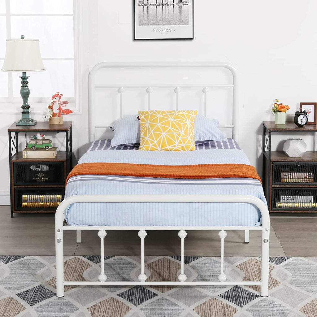 VECELO Twin Size Victorian Style Metal Bed Frame with Headboard Classic Metal Platform Bed Frame Mattress Foundation with Victorian Style Footboard/Under Bed Storage/No Box Spring Classic White