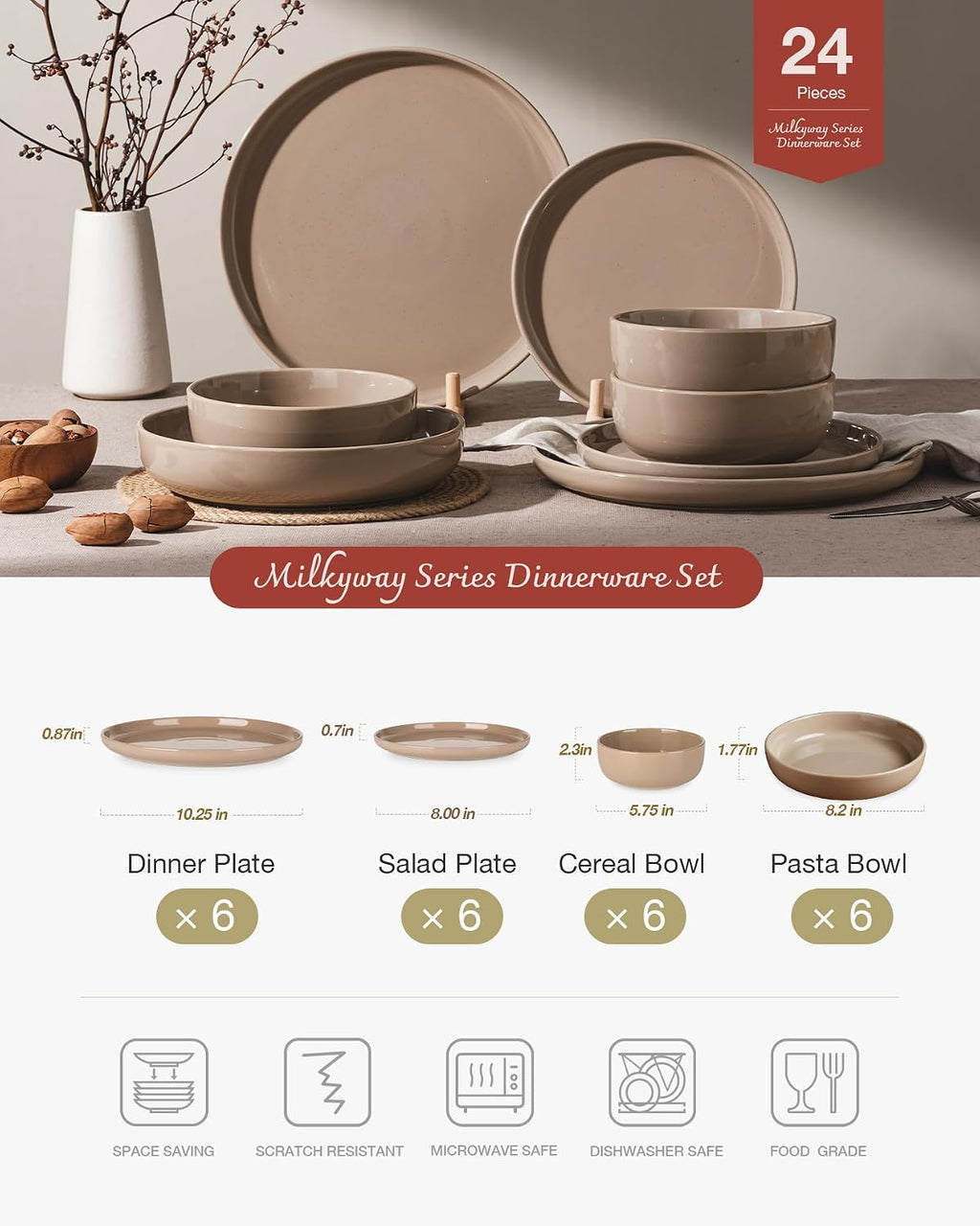 Famiware Milkyway Stoneware Dinnerware Sets with Pasta Bowls, Service for 6 (24 Pieces), Plates and Bowls Sets -Scratch Resistant, Microwave and Dishwasher Safe Dishes Set, Cinnamon Brown