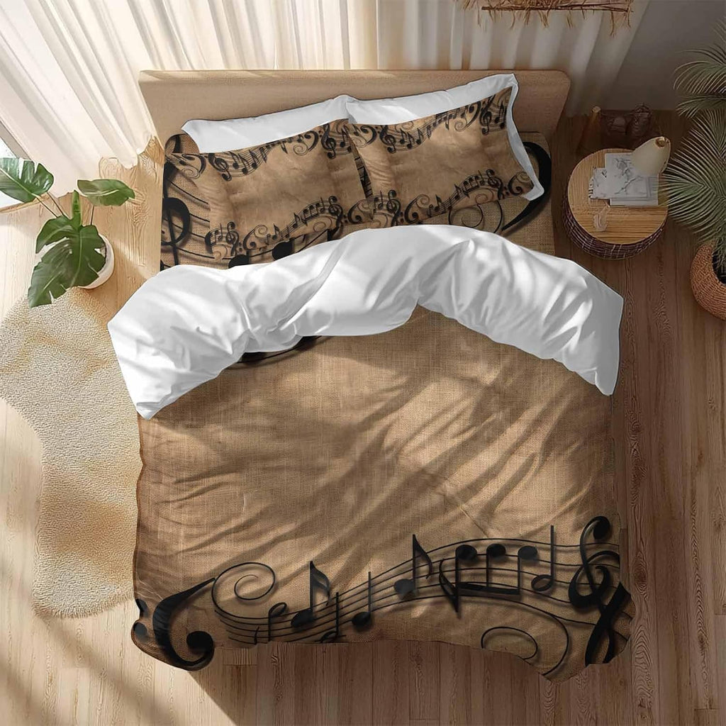Musical Symbols Duvet Cover Set Queen Size 4 Pieces Musical Staff Retro Brown Background Modern Bedding Set with Zipper Closure, 1 Comforter Cover 90x92 Inches 1 Flat Sheet & 2 Pillow Cases