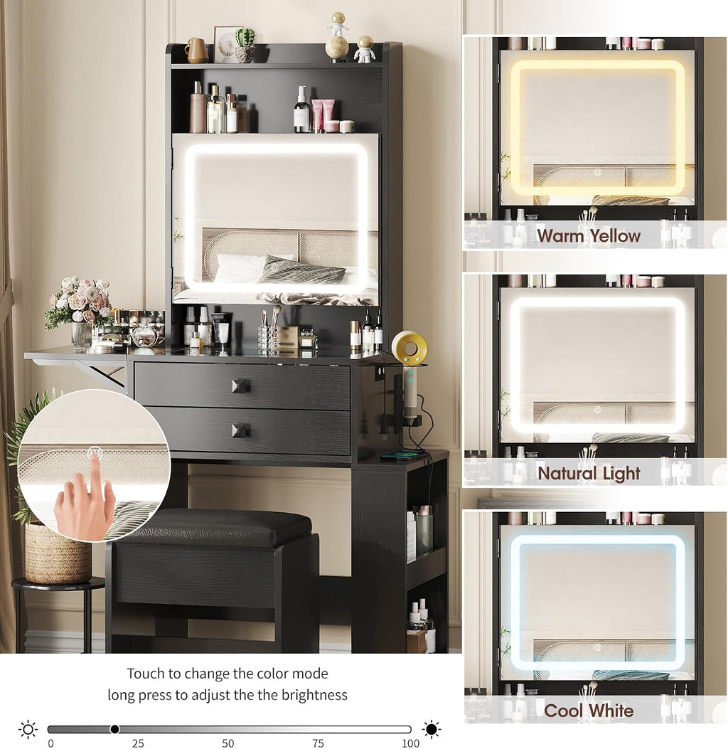 Vabches Small Makeup Vanity Desk, 3 Adjustable Lighted Mirror, White Vanity Set, Fold-up Panel, Charging Station, Glass Top, Drawers, Chair, 2 Hidden Storage Shelves (Black)