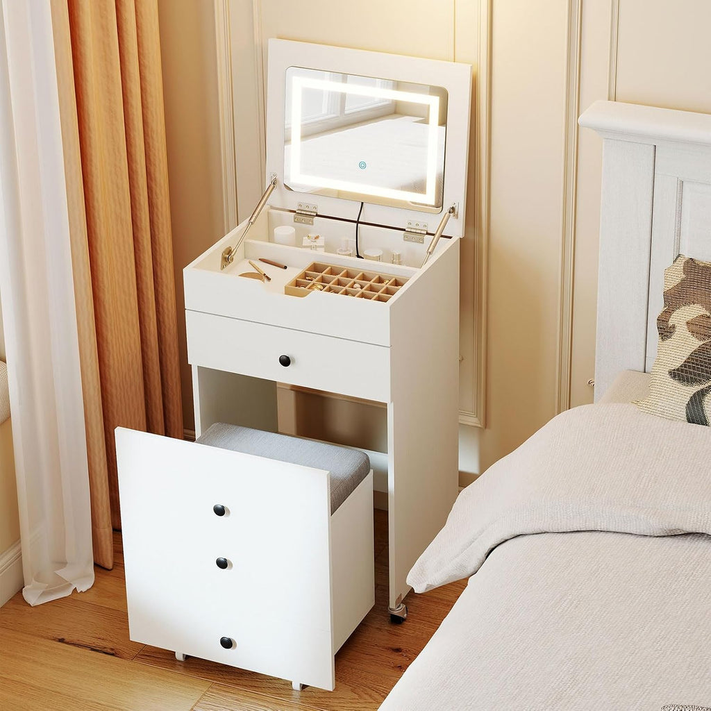 CHARMAID 3-in-1 Vanity Desk with Flip-Top LED Mirror, Rolling Stool with Hidden Storage & Drawer, 20 inch Compact Modern Makeup Vanity Table for Bedroom & Apartment, White