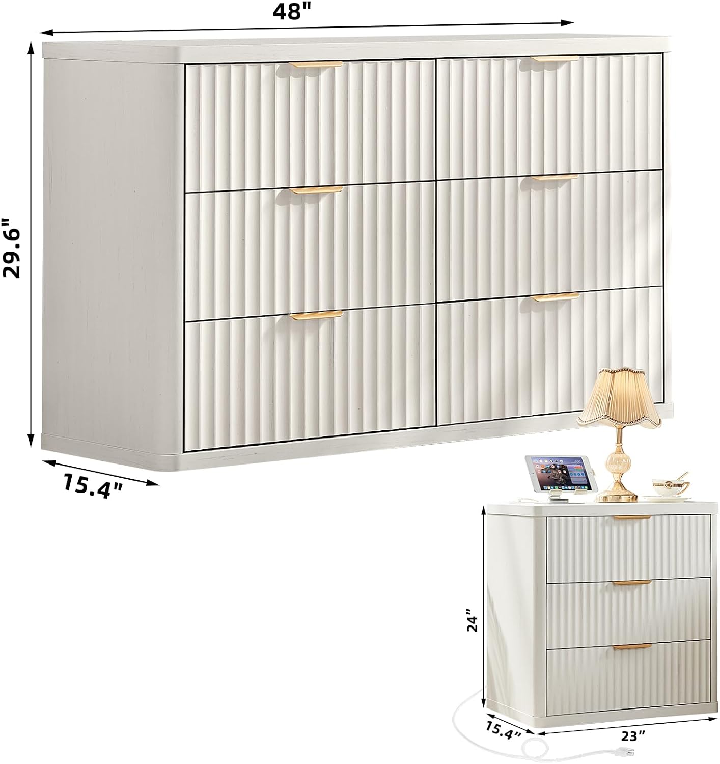 LEYAOYAO Fluted Dresser and Nightstand Sets, Wood 48' Wide Dresser & 23' Night Stand with Charging Station, 2 Piece Bedroom Furniture Set, Chest of Drawers for Bedroom,Living Room, Antique White