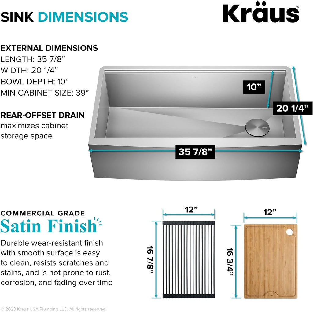 KRAUS Kore 36-Inch Farmhouse Workstation 16 Gauge Single Bowl Stainless Steel Kitchen Sink with Accessories, KWF210-36