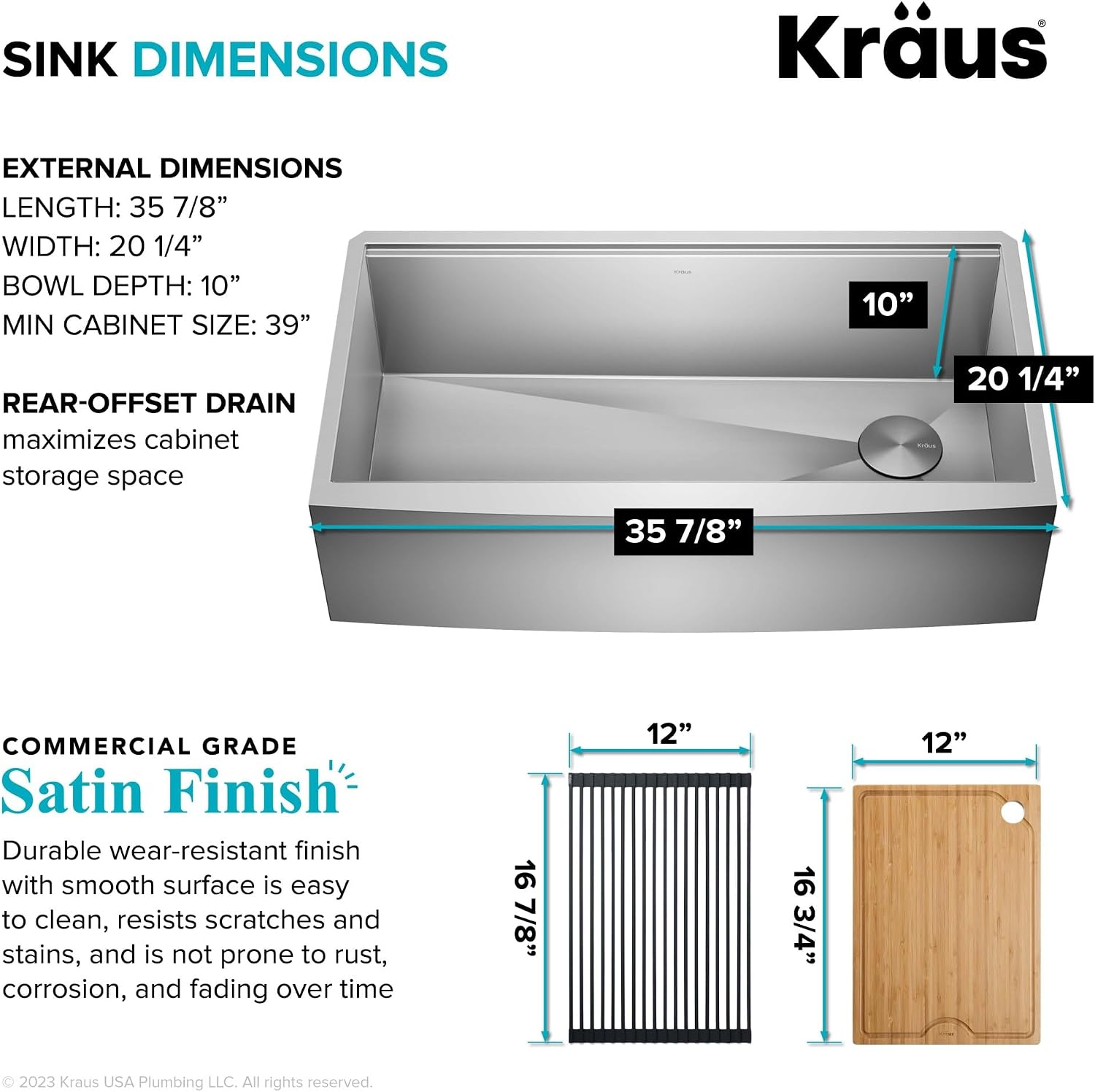 KRAUS Kore 36-Inch Farmhouse Workstation 16 Gauge Single Bowl Stainless Steel Kitchen Sink with Accessories, KWF210-36