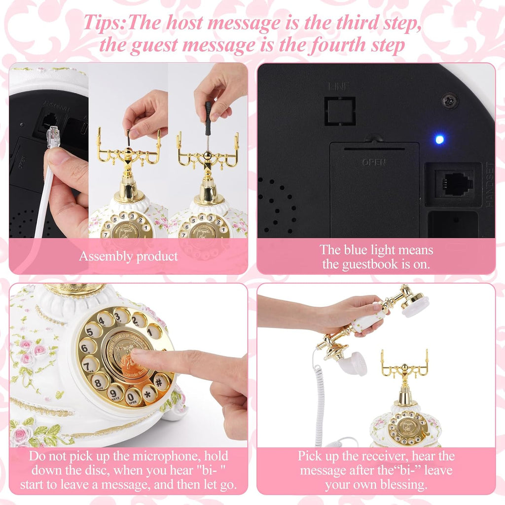 Audio Guest Book Phone, 32G Capacity Vintage Audio GuestBook Wedding Phone, Retro Audio Telephone Recording Customized Voice Message for Your Wedding Party, Retro Flower