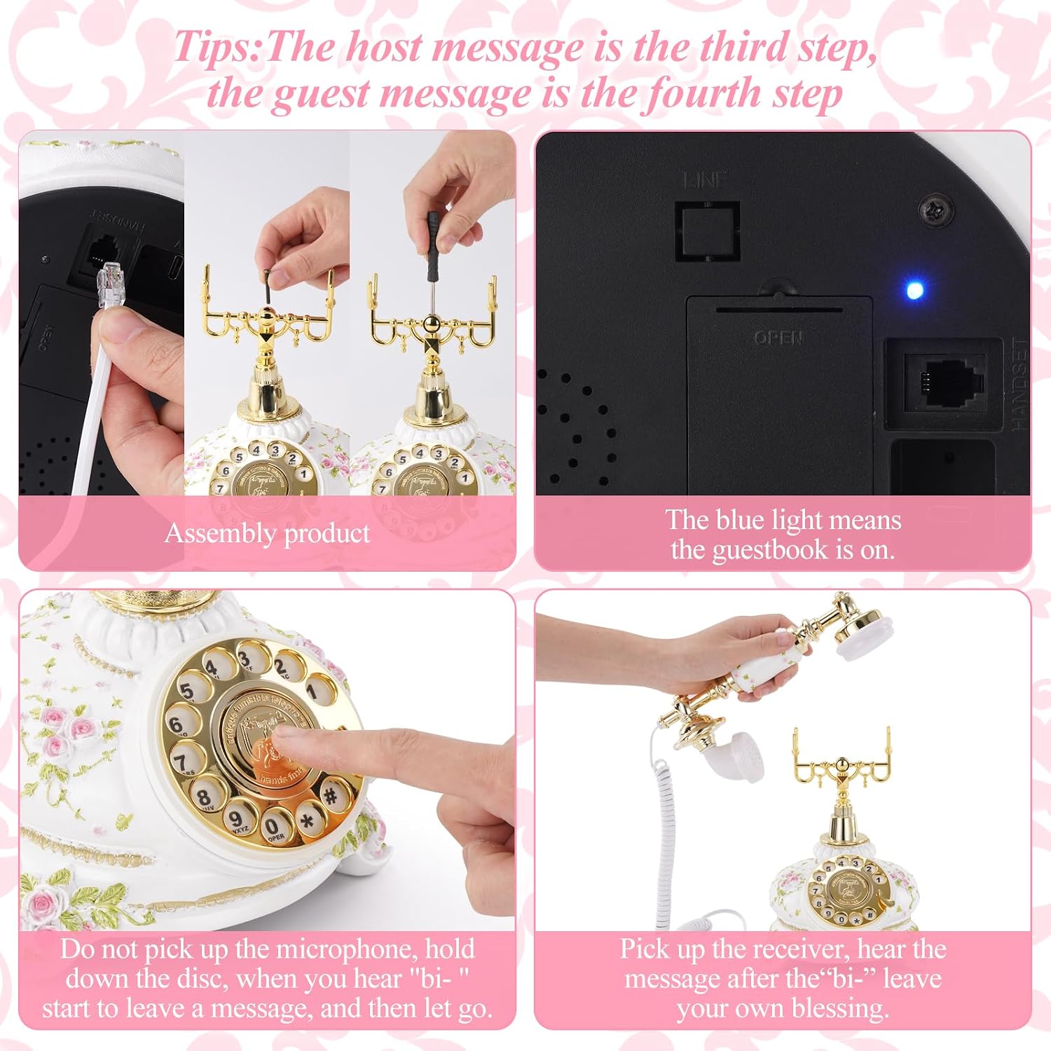 Audio Guest Book Phone, 32G Capacity Vintage Audio GuestBook Wedding Phone, Retro Audio Telephone Recording Customized Voice Message for Your Wedding Party, Retro Flower