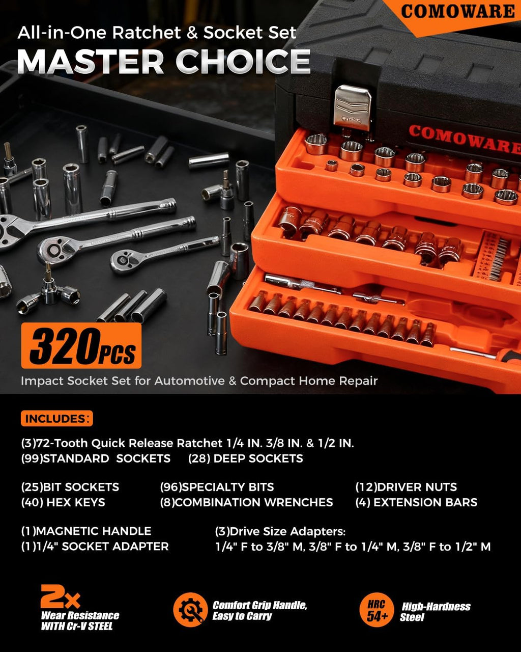 COMOWARE 320-Piece Master Mechanic Tool Set with Case, Father day Gift, 1/4' 3/8' 1/2' Drive SAE & Metric Socket Wrench Set, Includes 72T Ratchet Set, CR-V Steel, Hex Keys & Specialty Bits