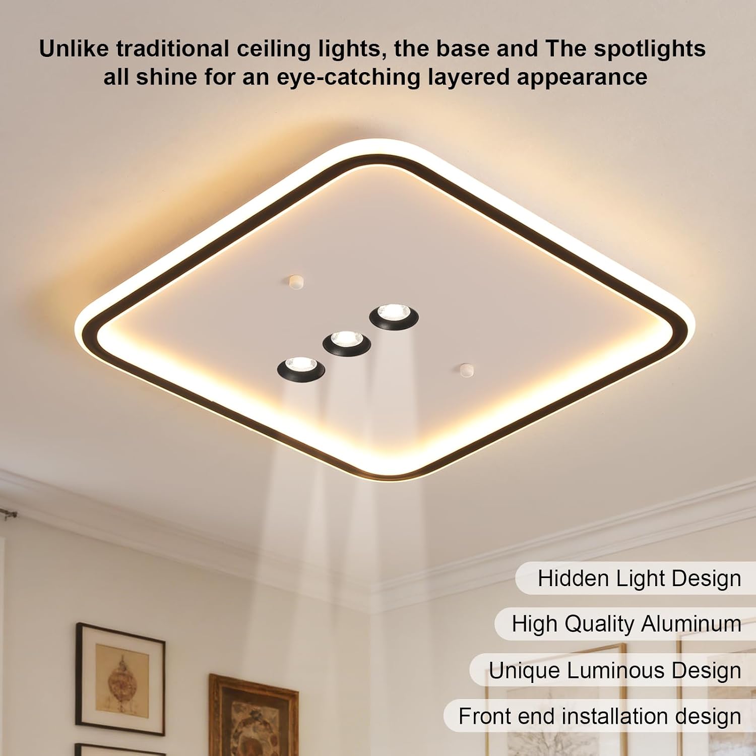 Shine LUEST Square Diamond LED Ceiling Light with 3 Adjustable Spotlights, Dimmable Flush Mount Lighting Fixture, Black & White for Bedroom Living Room Kitchen Hallway