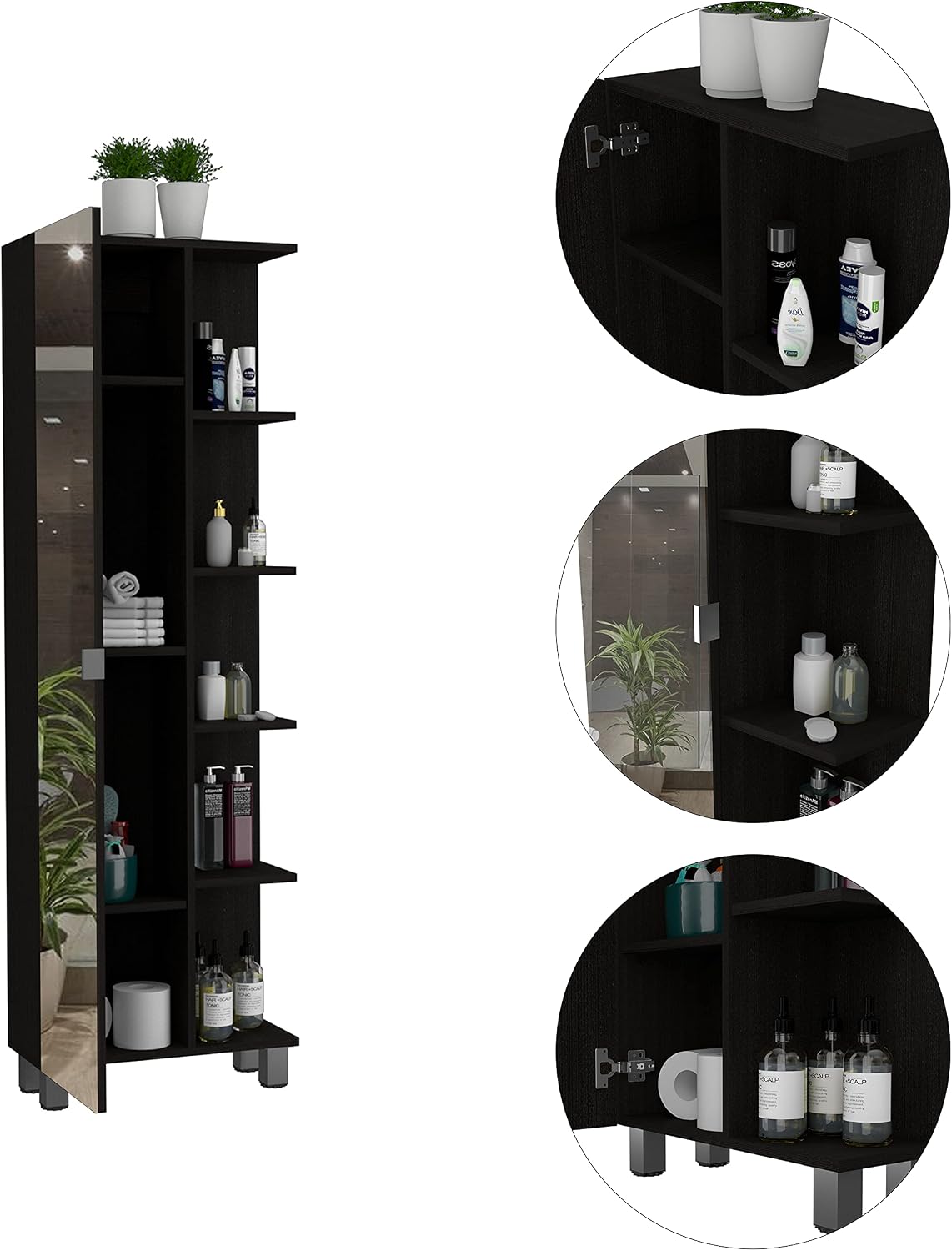 FM FURNITURE Los Angeles Mirror Linen Cabinet with 5 Open Shelves and 4 Inner Shelves, Black