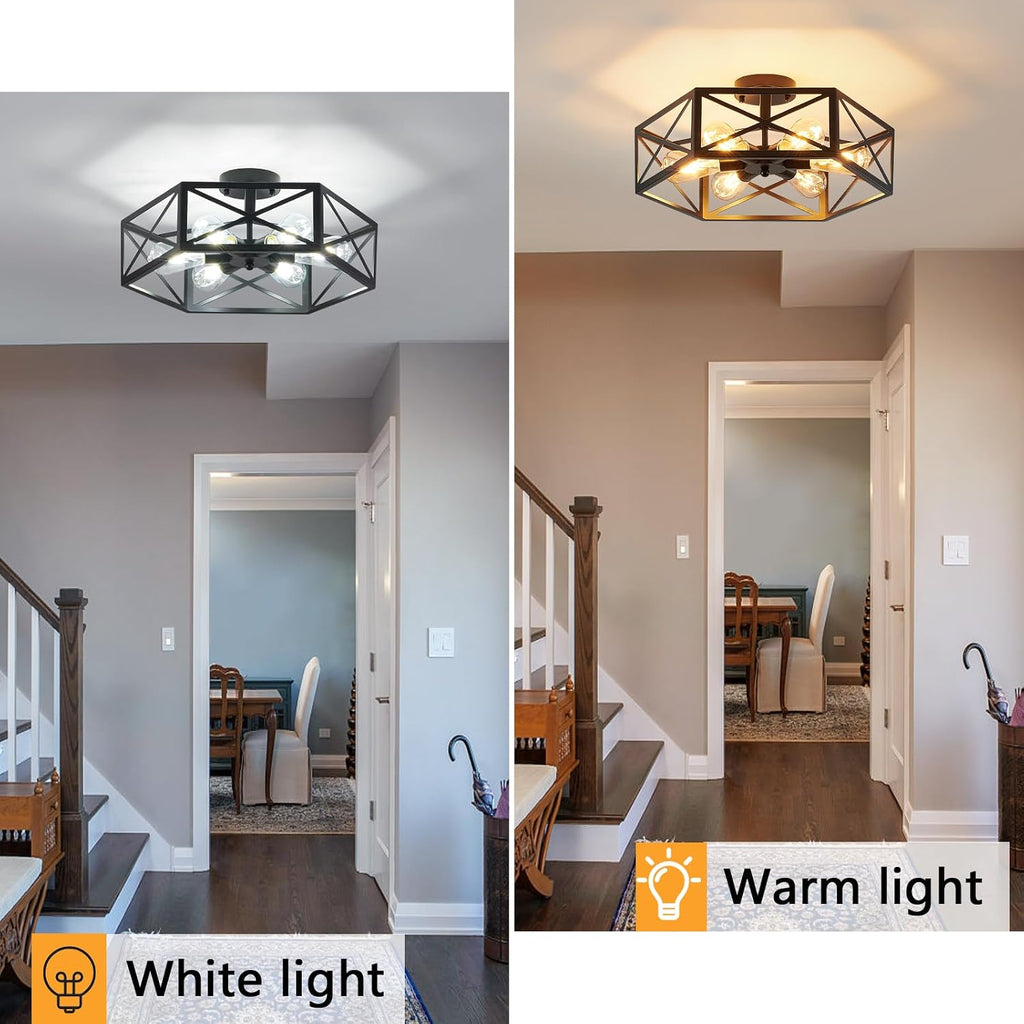 XSDeTu Industrial Semi Flush Mount Ceiling Light, 6 Light Modern Metal Close to Ceiling Light Fixture, Farmhouse Light Fixtures Ceiling Mount, Black Chandelier for Kitchen, Dining Room, Hallway