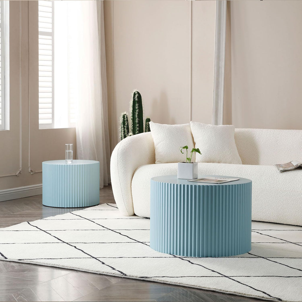 Modern Nesting Coffee Table, Round Wood End Table Set of 2 for Small Space, Living Room - Blue